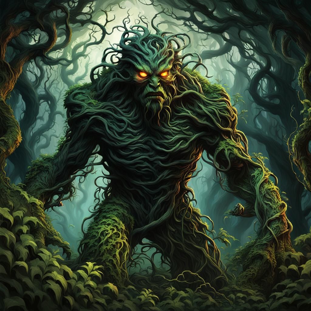 Menacing Nature Spirit Entwined in Chaotic Plants