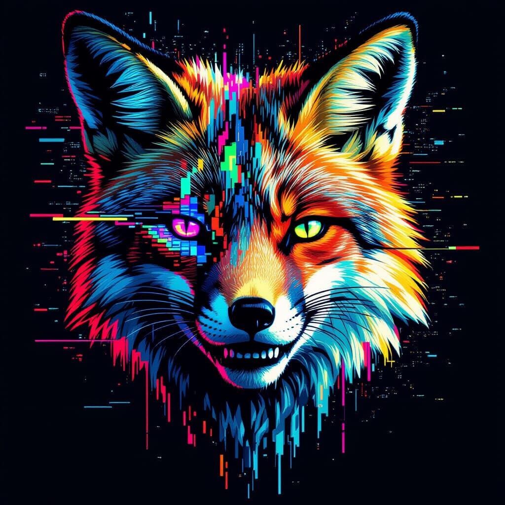 Distorted Fox Portrait with Cyberpunk Glitch Effects