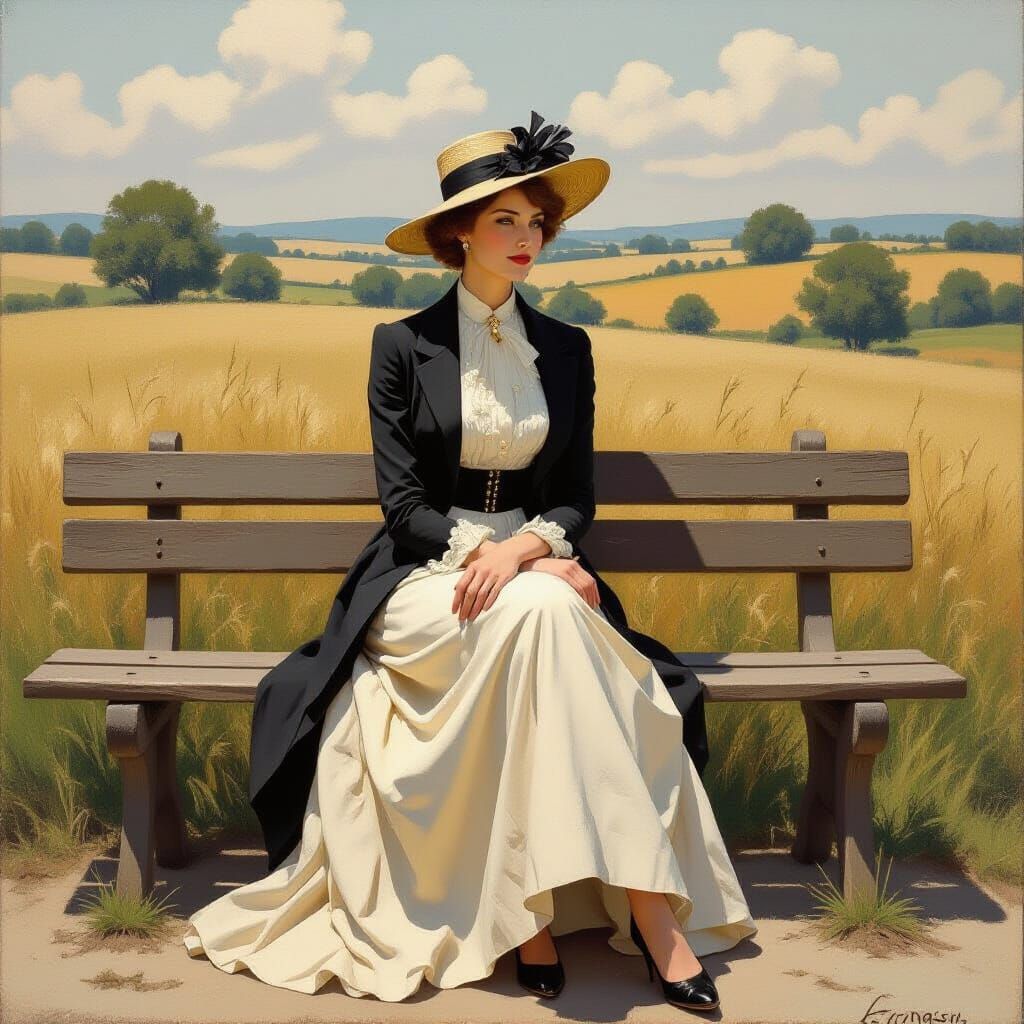 Woman in Rural Landscape, Soft Pastel Colors