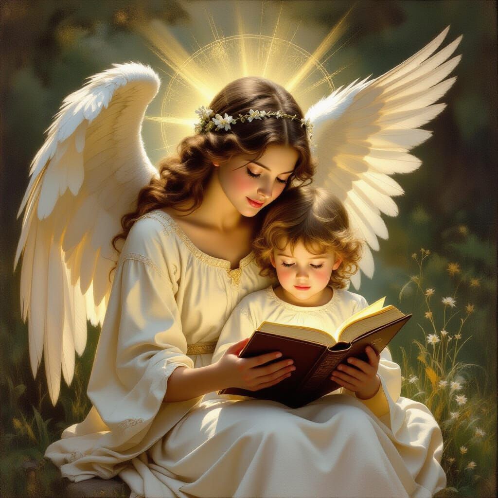 Guardian Angel Watching Over Child Reading Bible