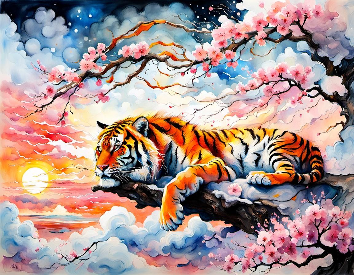 Sky Tiger Asleep on Clouds: Melting Oil Gouache Painting