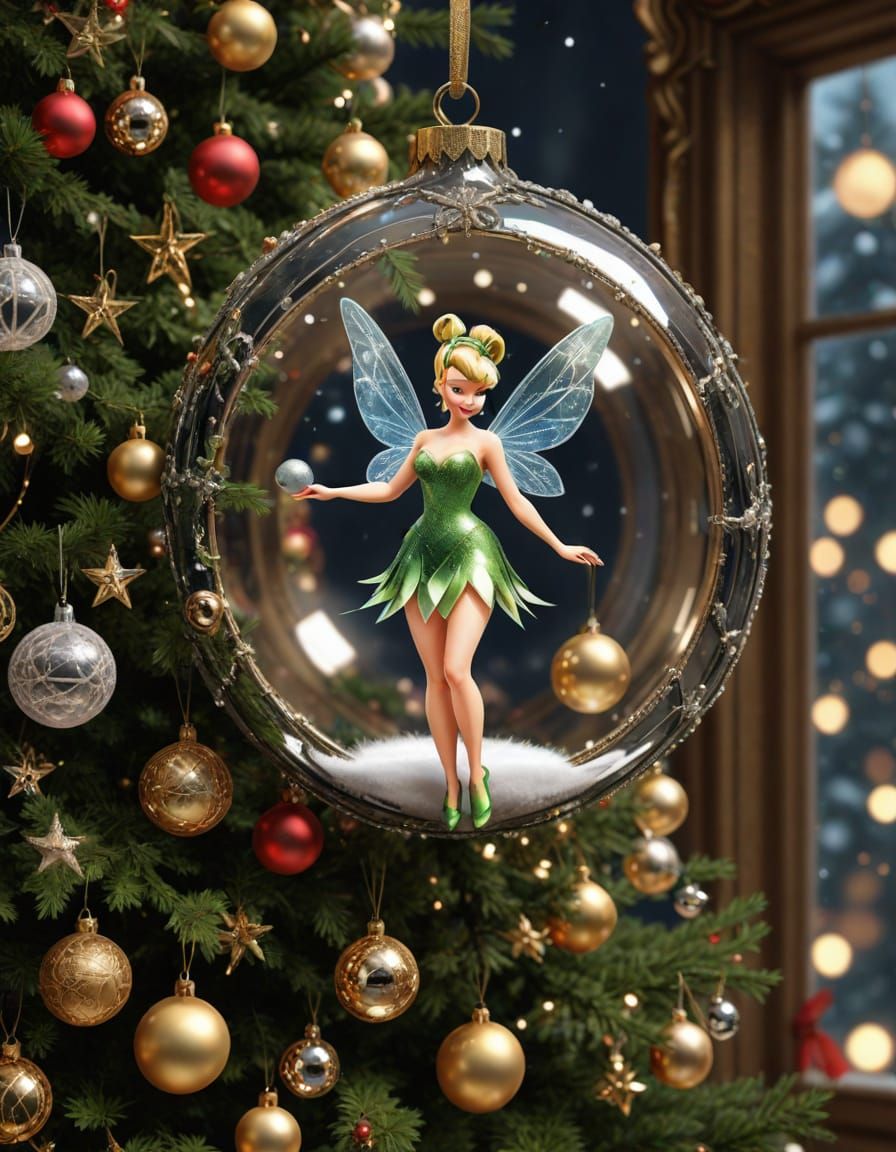 Tinkerbell Decorates Christmas Tree with Mirror Ball