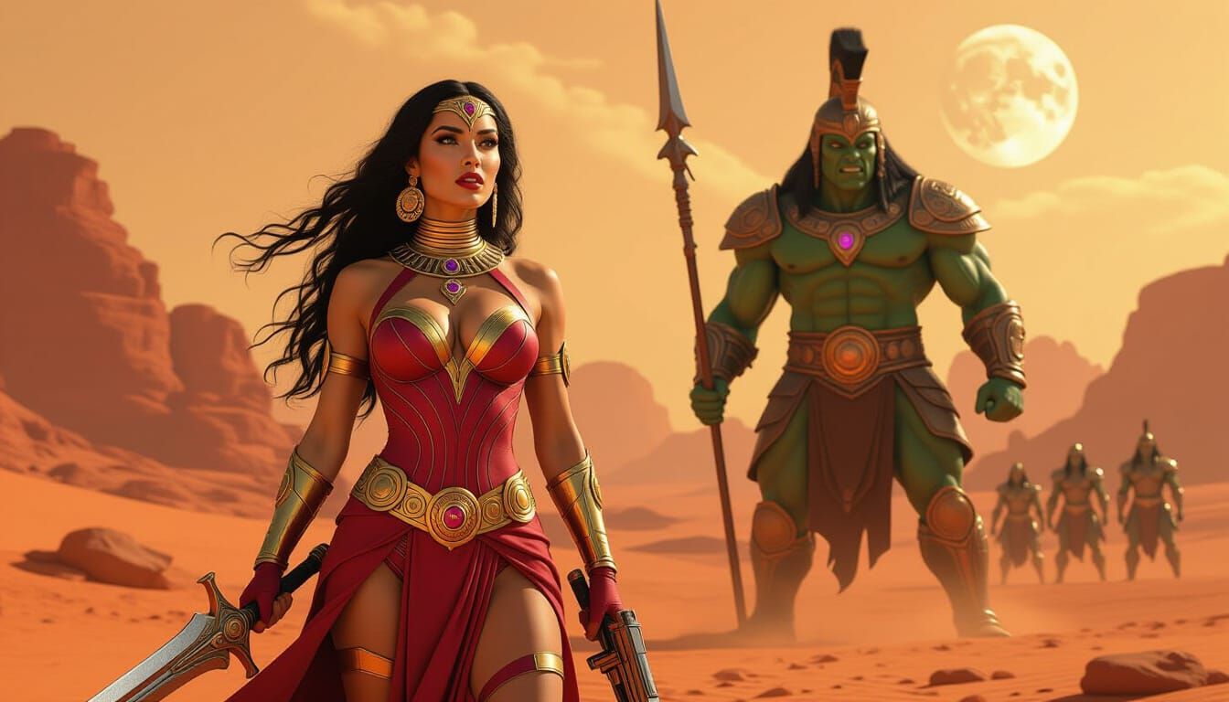 Martian Warrior Queen and Thark Warrior in Comic Style