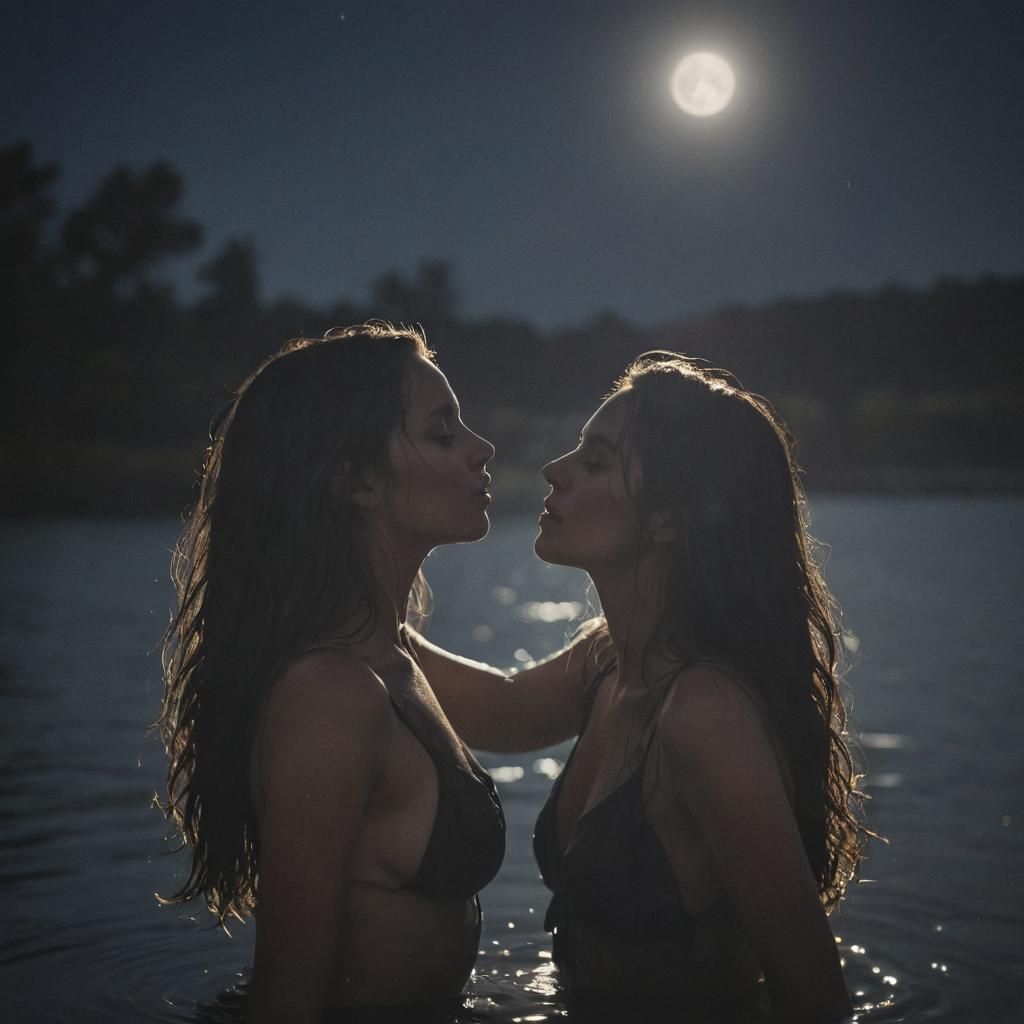 Silhouette of Woman Emerging from Pond Under Moonlight