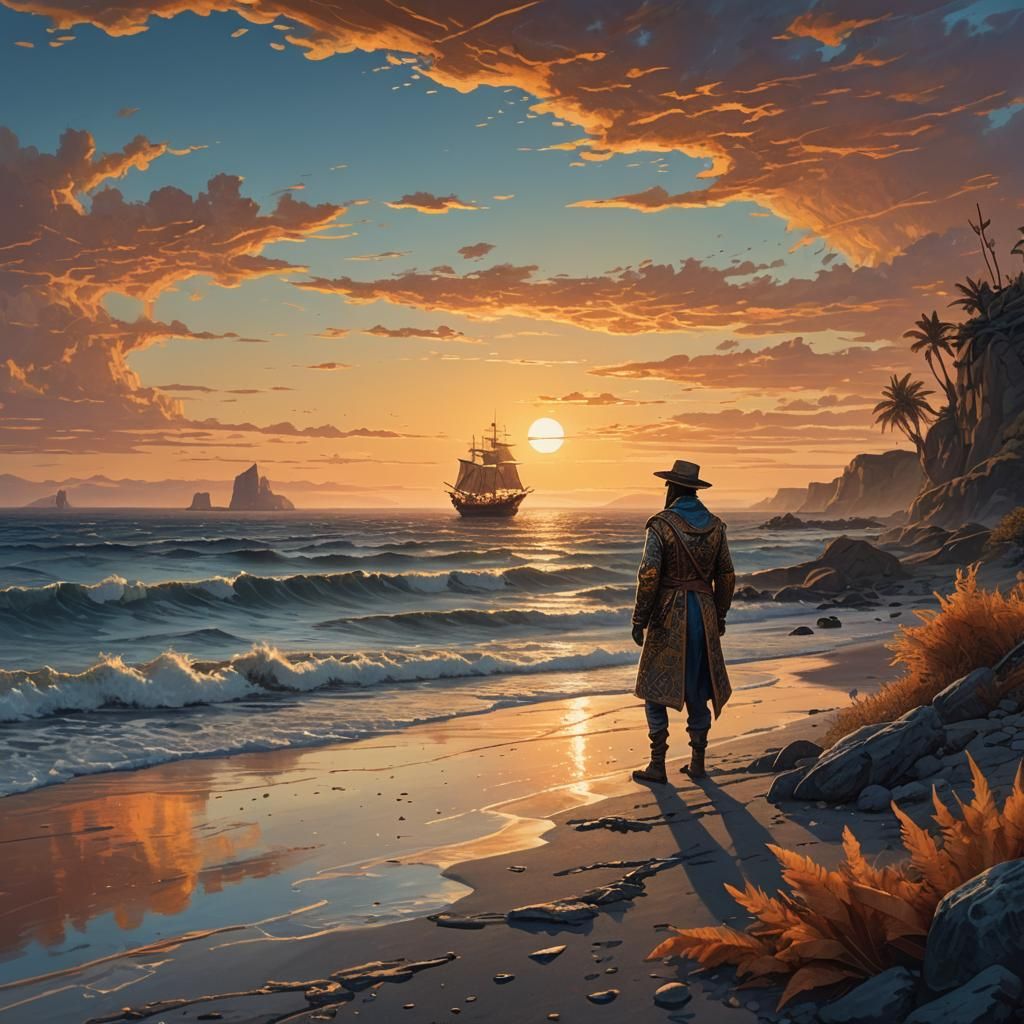Lone Figure Awaits Ship at Sunset: Concept Art