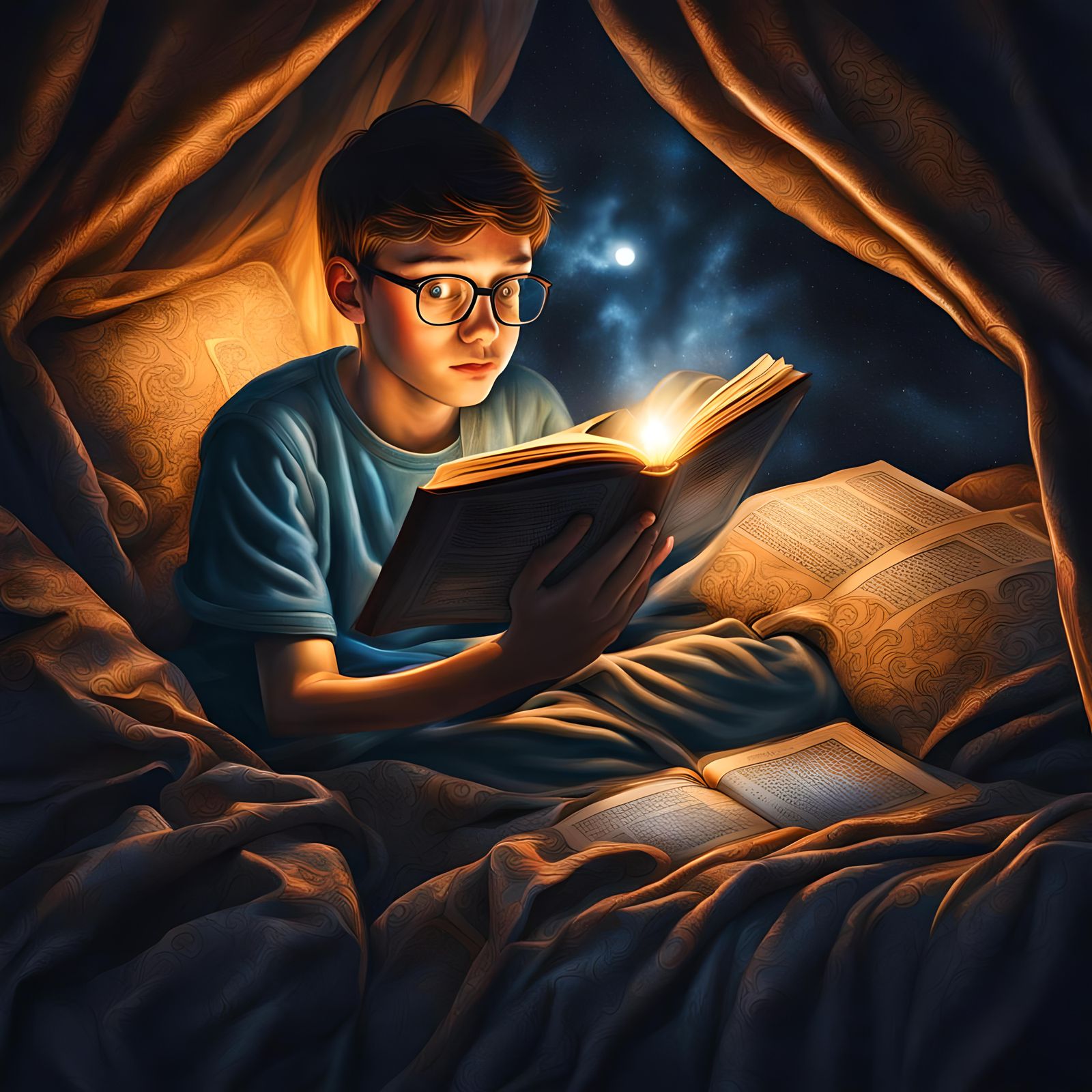 Hyperrealistic Young Reader's Nighttime Adventure