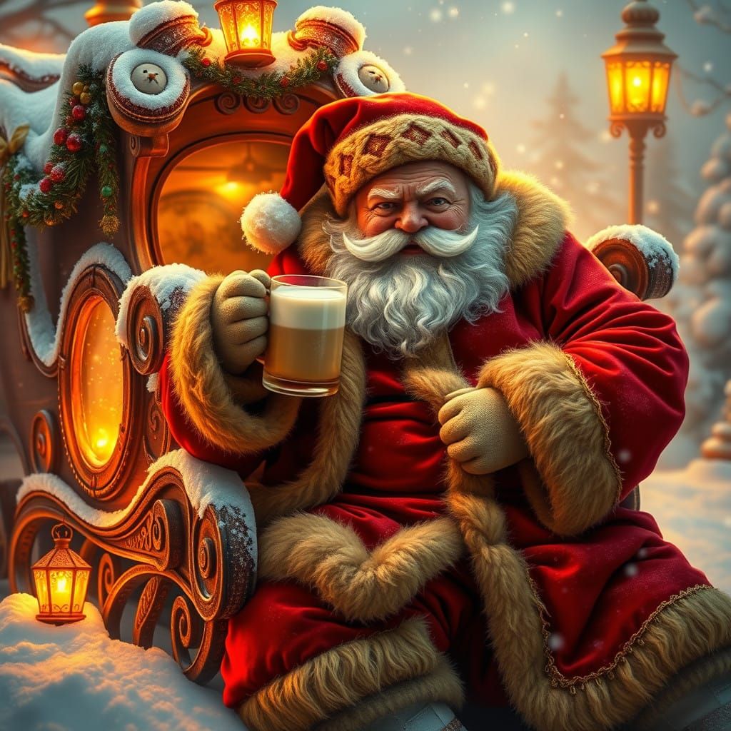 Jolly Drunk Santa in Winter Wonderland Scene