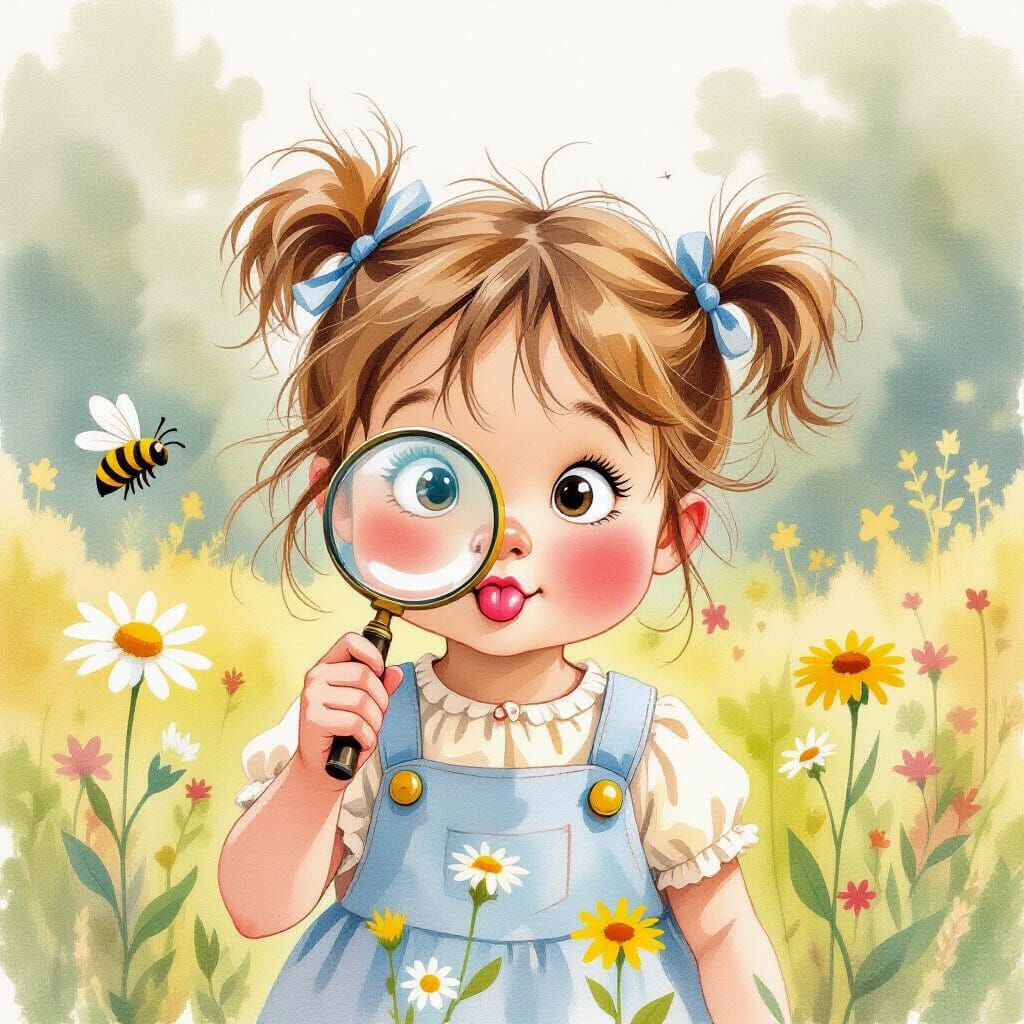 Curious Girl with Magnifier: Watercolor Illustration