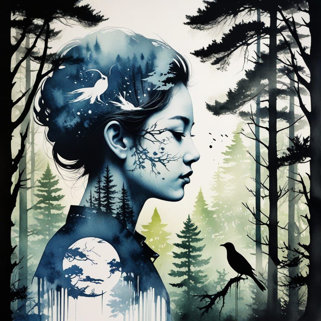 Bird Silhouette Portrait in Vibrant Forestscape