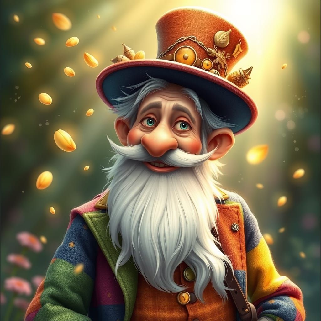 Whimsical Old Man Scattering Magic Seeds in Illustrative Sty...