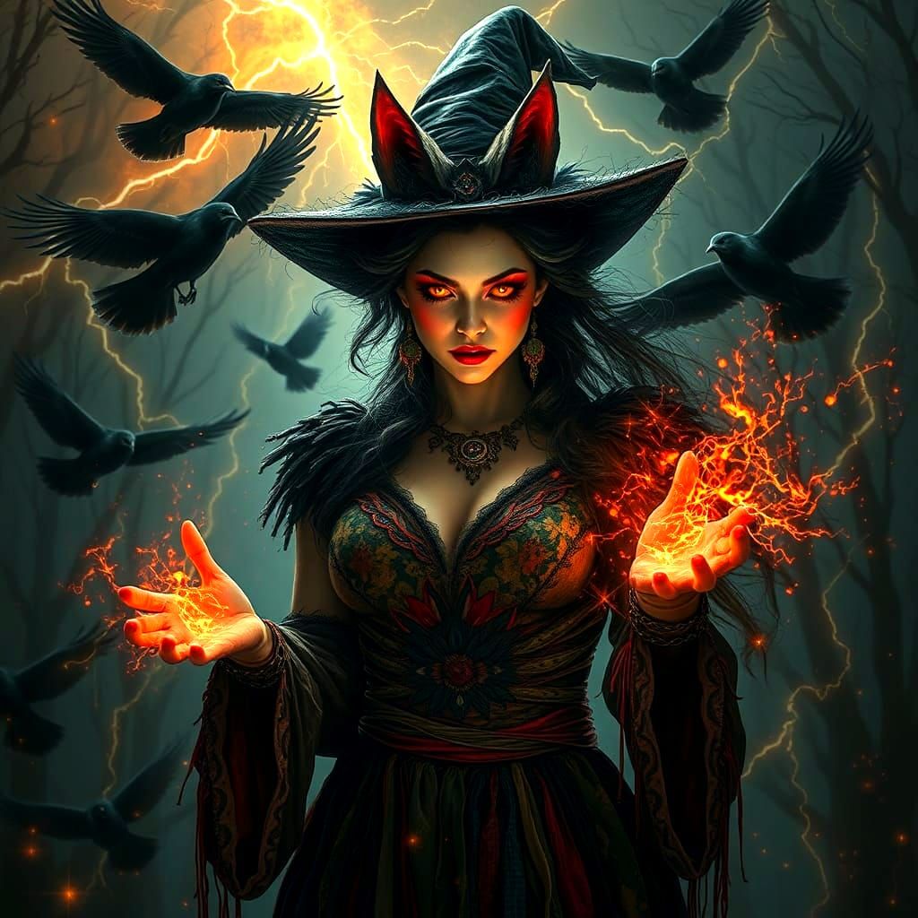 Stunning Witch with Crows in Dark Night Sky