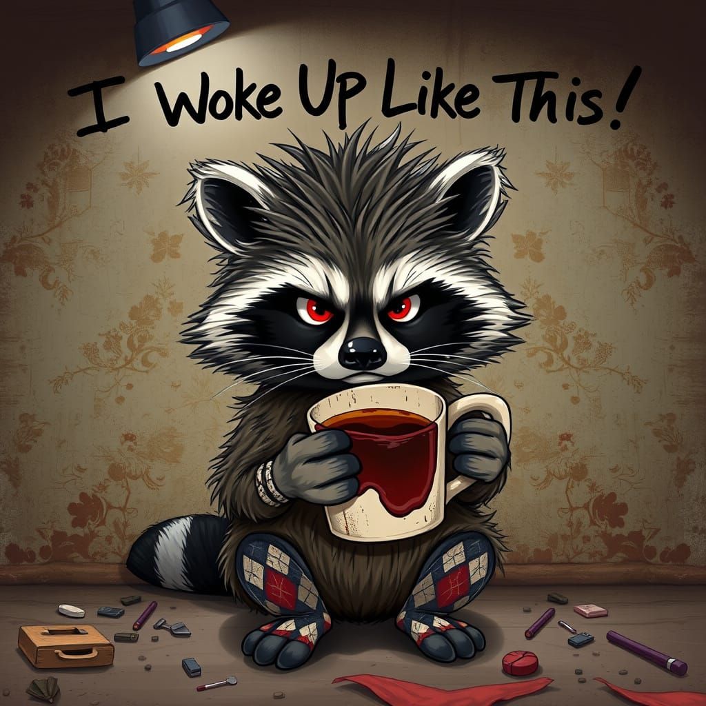 A chaotic, meme-core illustration of a disheveled raccoon wi...