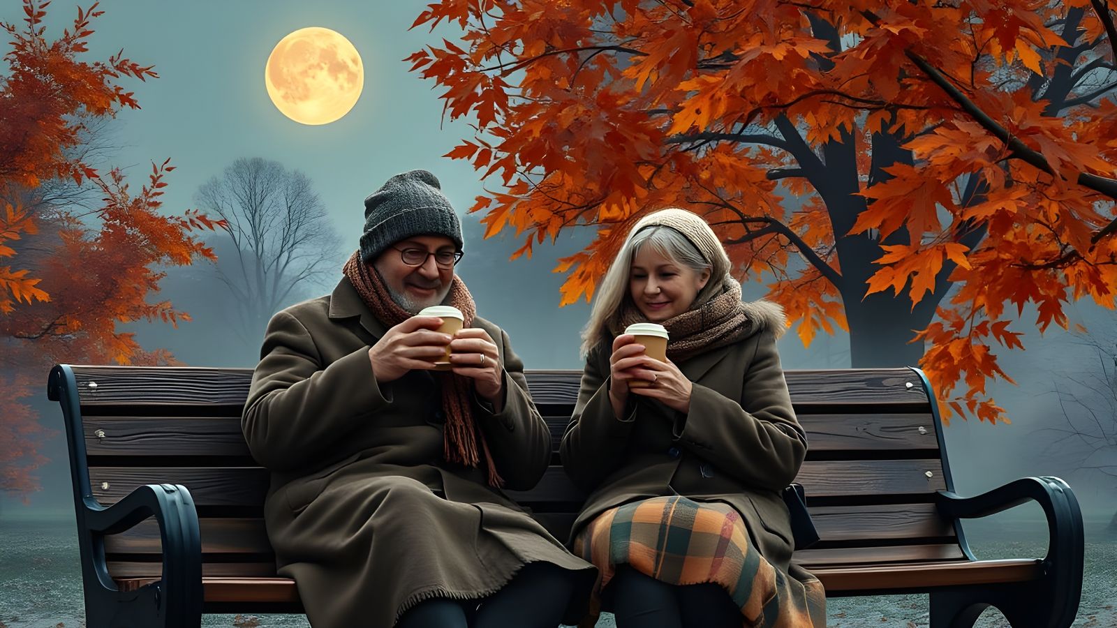 Romantic Autumn Night: Couple Sipping Coffee Under the Moon