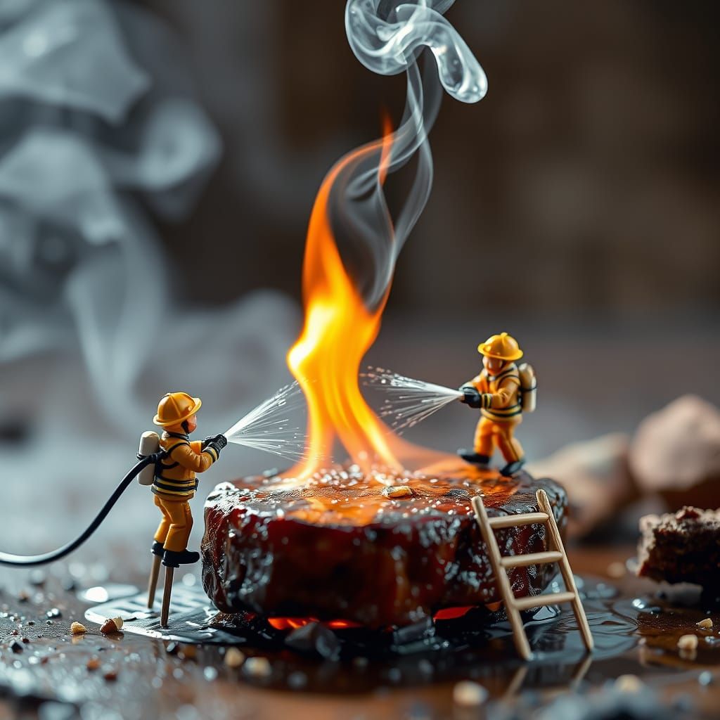 Miniature Firefighters Save Sizzling Steak From Flames