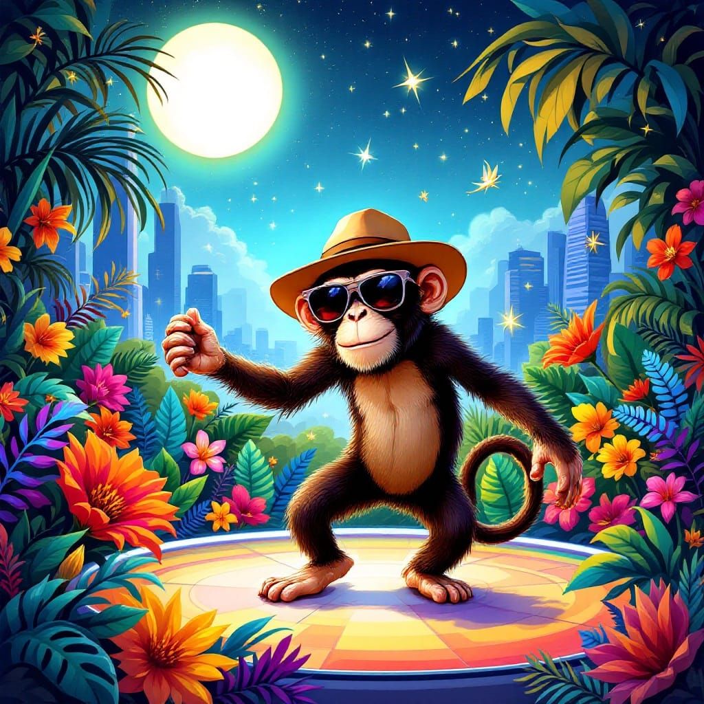 Monkey in Trendy Sunglasses Dancing in Lush Jungle