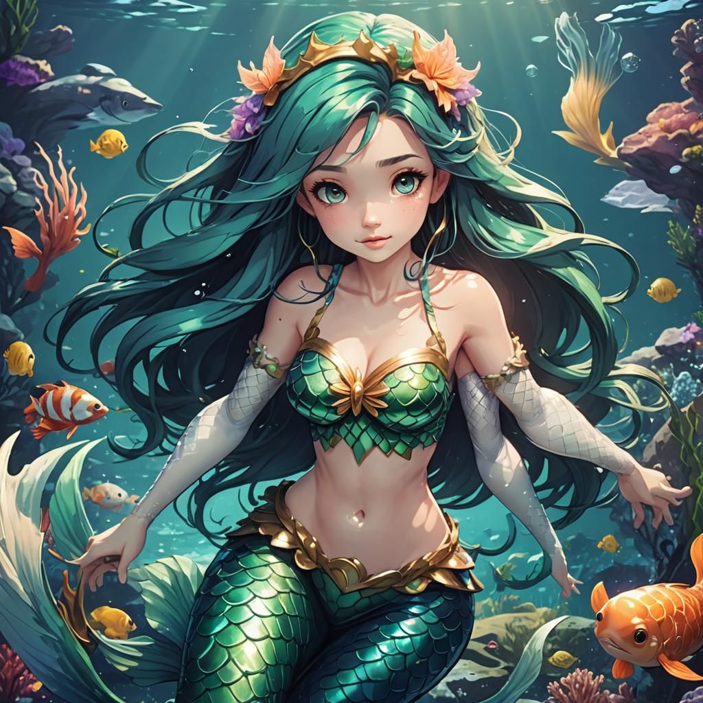 Anime Cartoon Mermaid, Cel-Shaded Digital Art