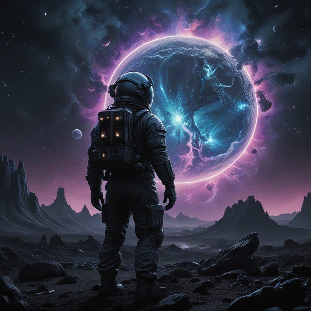 Astronaut Tends Cosmic Mushroom in Nebula, Neo-Noir Comic St...