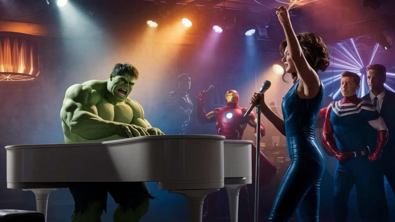 Hulk Plays Piano with Avengers in Nightclub