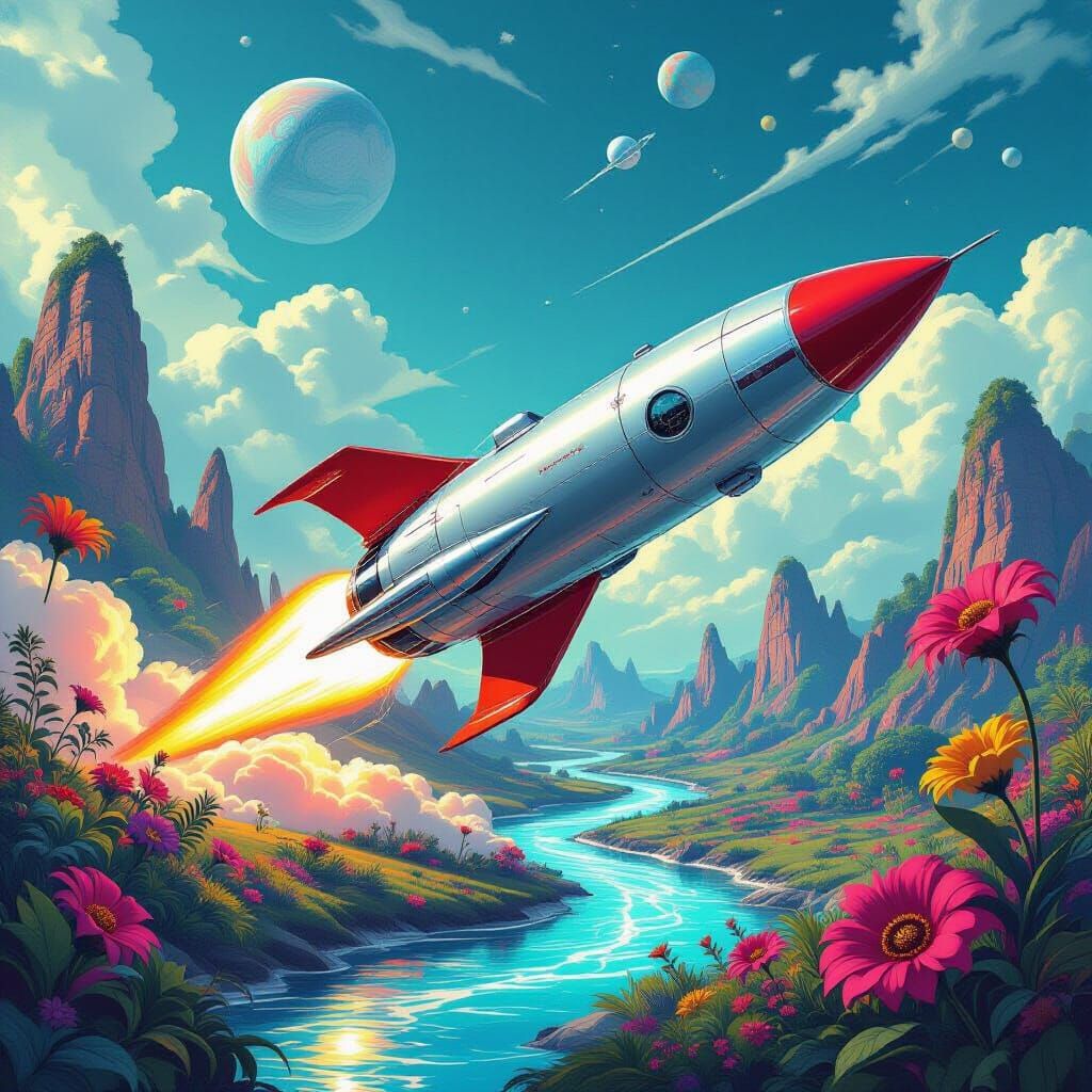 Retro-Futuristic Rocket Launch on Alien Planet in Hyperreali...