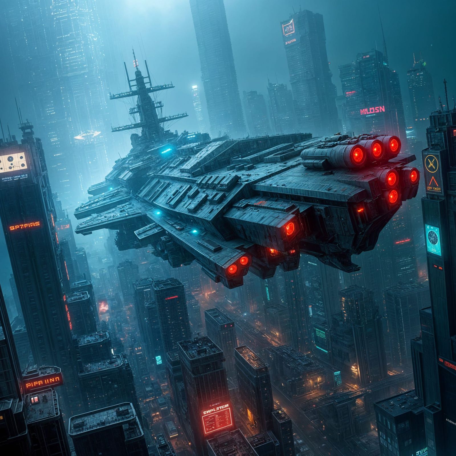 Cyberpunk Flying Airship in Dystopian Cityscape, Inspired by...