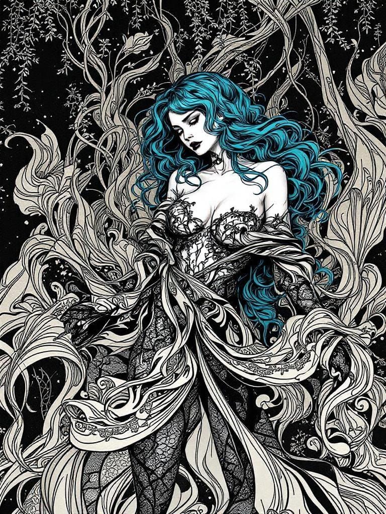 Art Nouveau Portrait with Teal Hair and Satin Lace