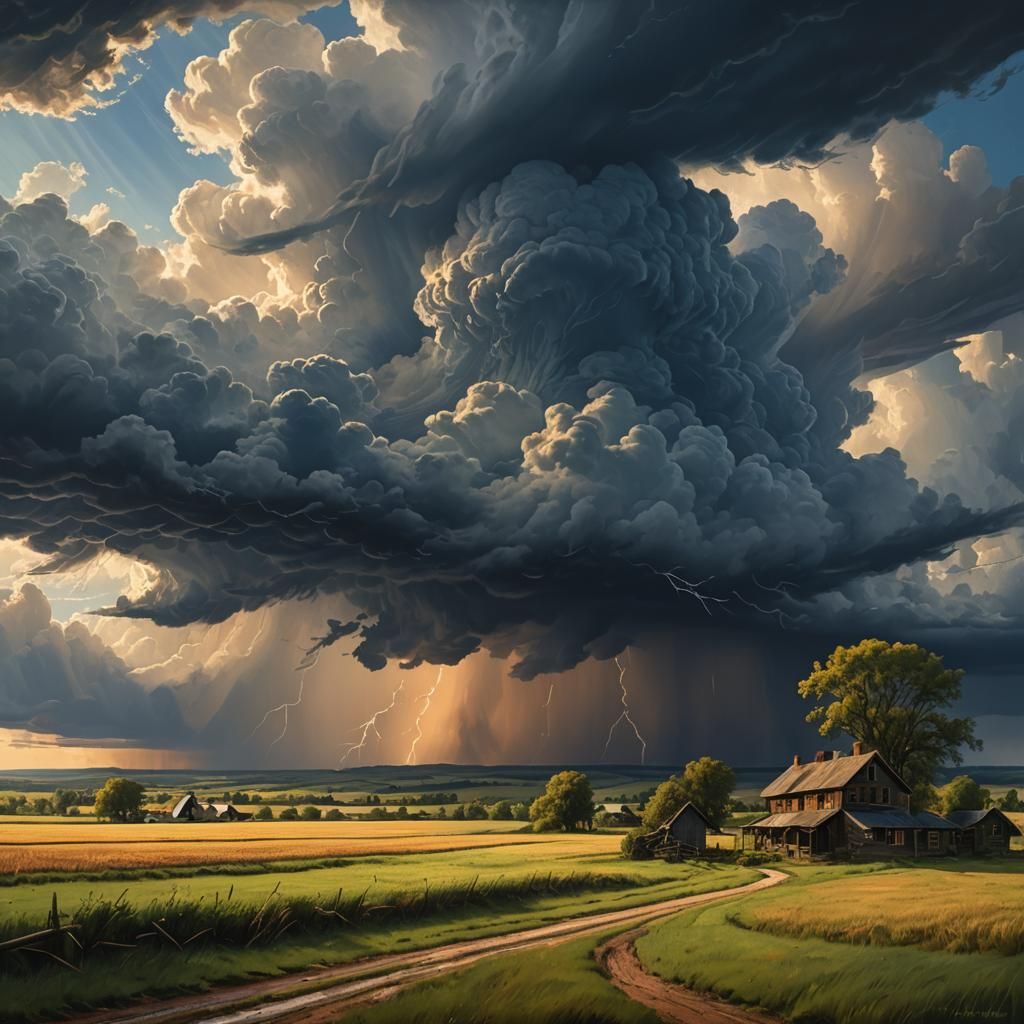 Dramatic Shelf Cloud Over Rural Landscape in Oil Painting St...
