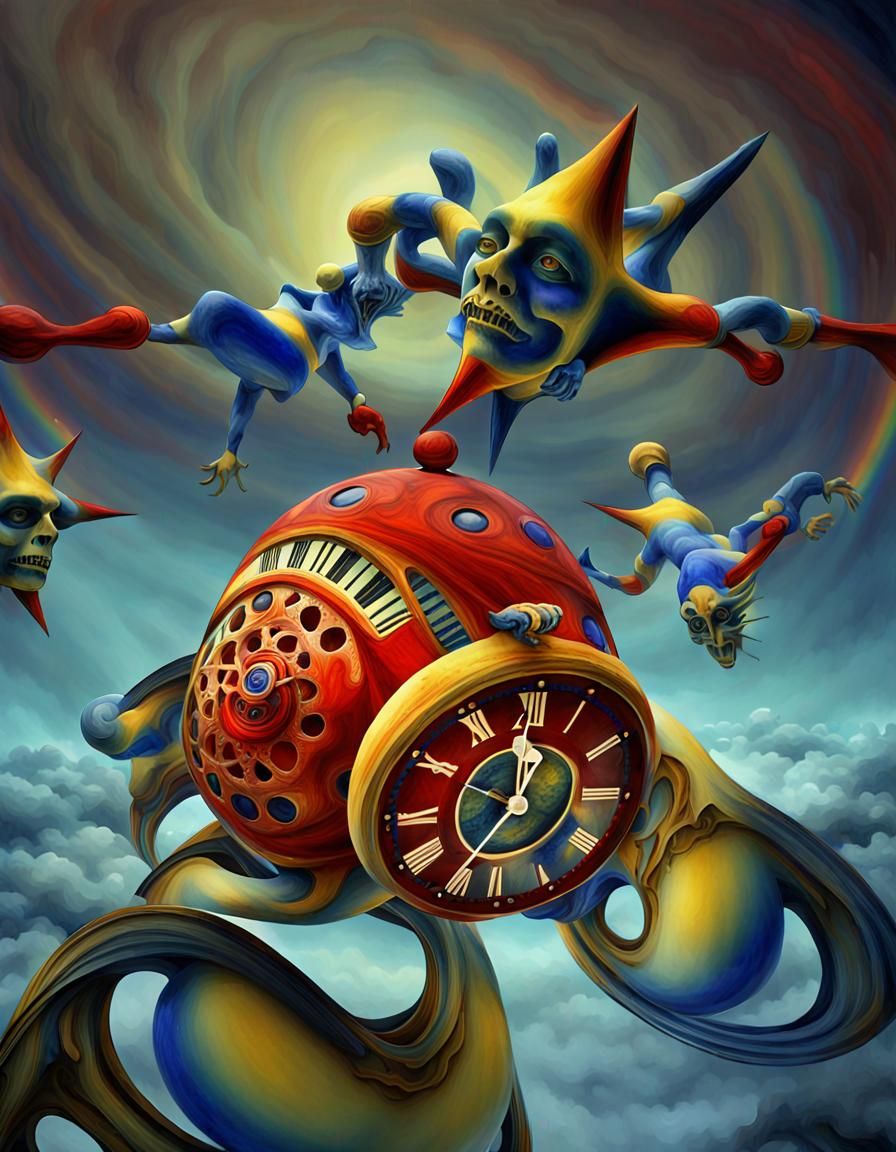 Two yellow jesters with lapiz lazuli cristal clock heads, Mescaline and DMT art, H.R. Giger, M.C. ESCHER, distorted pers...