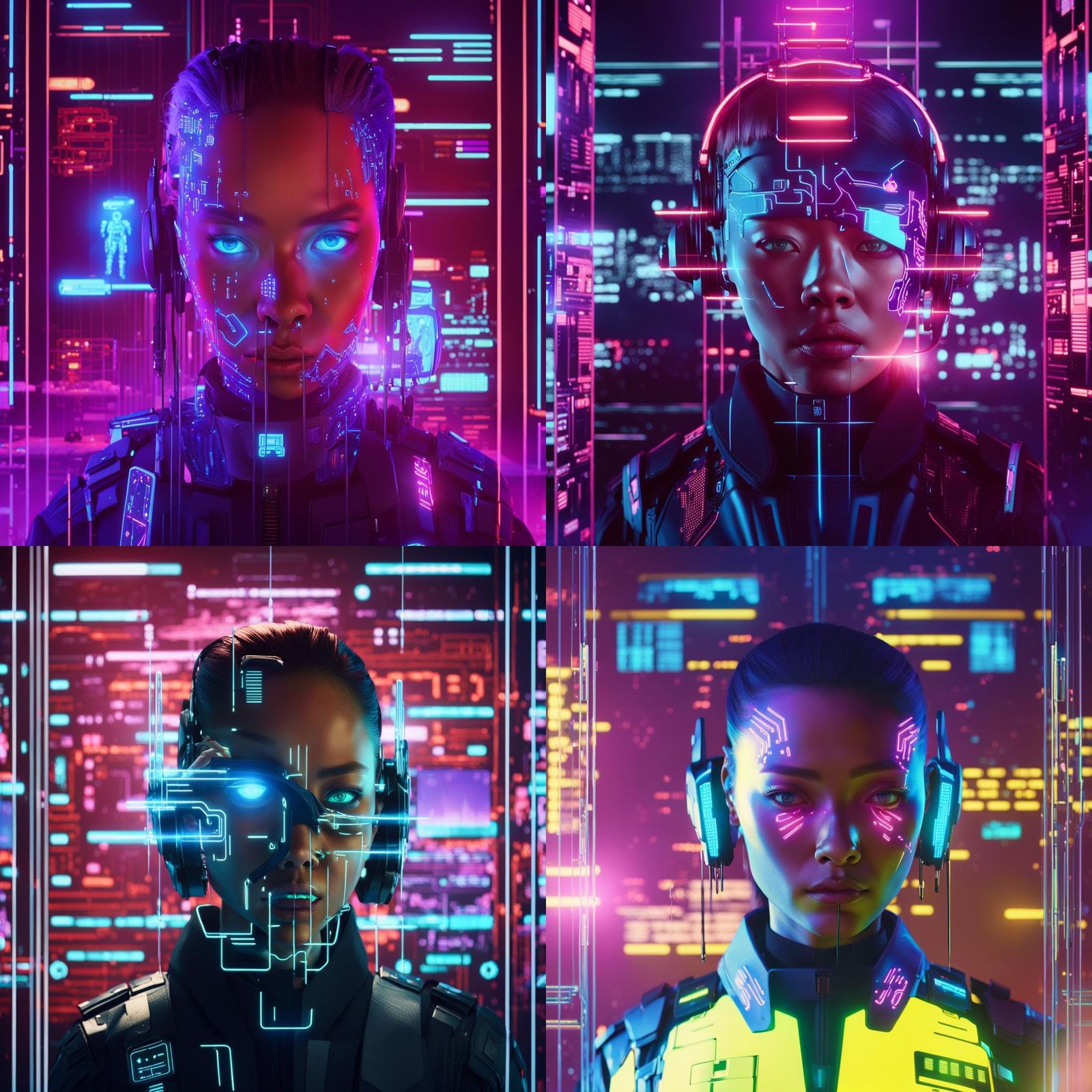 Cyborg Officers Monitor Screens in Cyberpunk Crisis Room