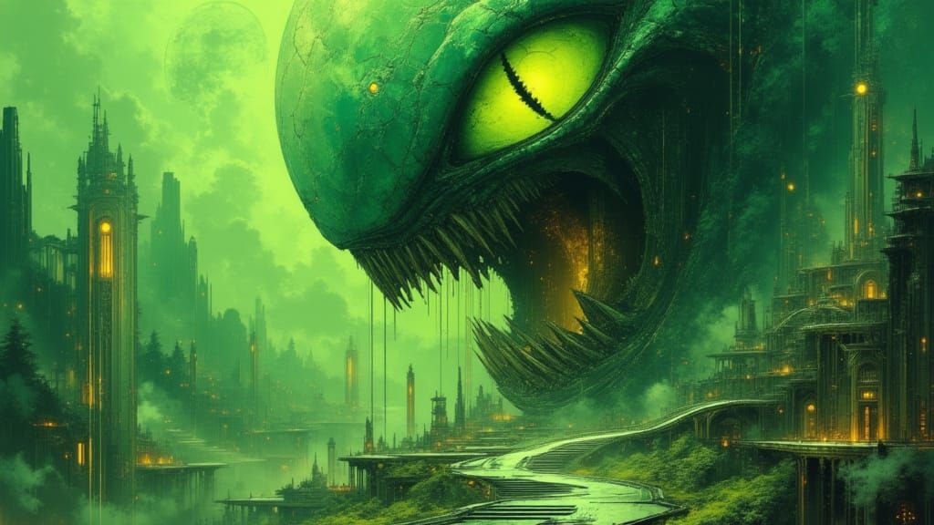 Giant Green Celestial Monster Devouring Moon