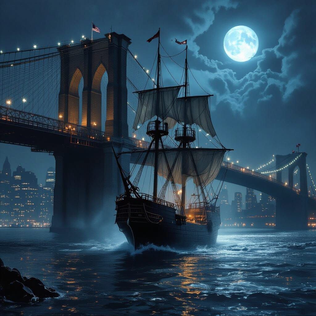 Ghostly Ship Under Brooklyn Bridge in Horror Style