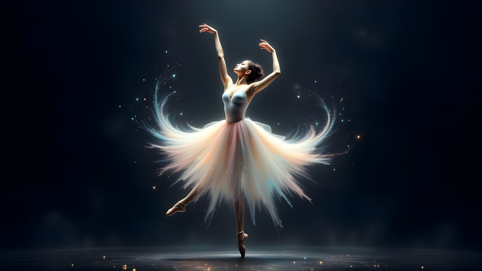 Glitter Ballerina Dancing in Spotlight on Dark Stage