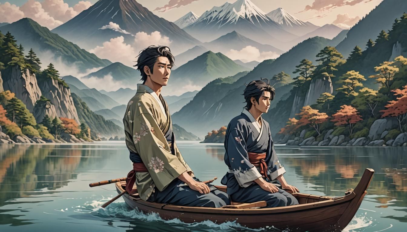 A beautiful Japanese man sailing in boat on a lake. Mountain...