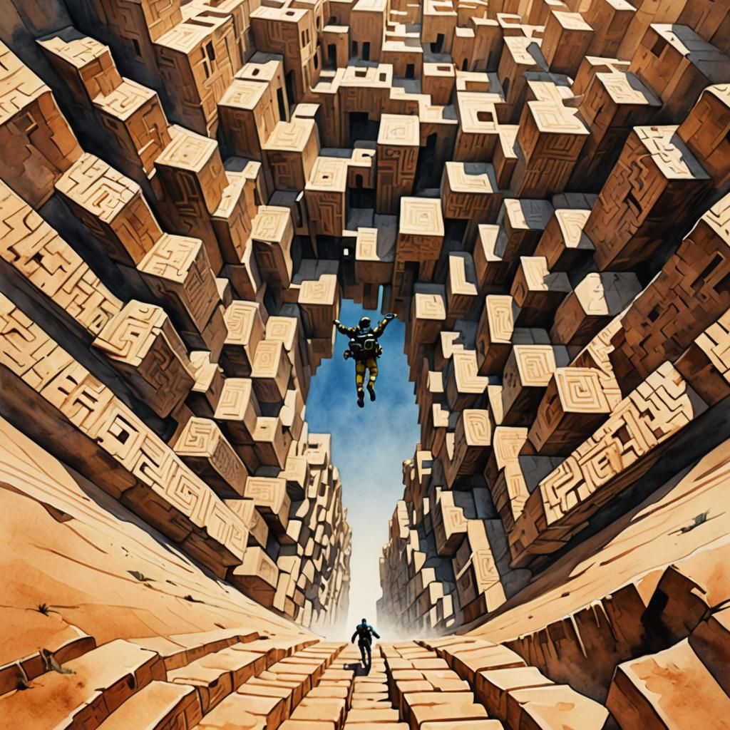 Skydiver Descends into Desert Labyrinth, Watercolor Painting