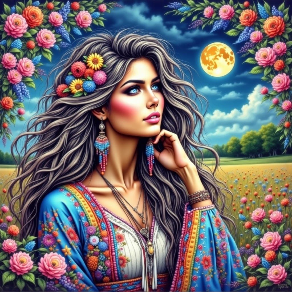 Black-Haired Beauty in Wildflower Field Under Moonlight