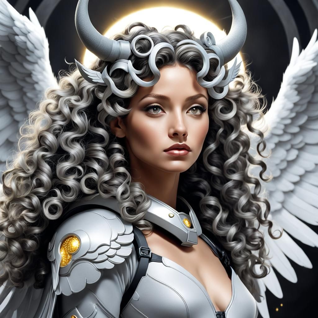 Surreal Woman with Wings, Halo and Horns