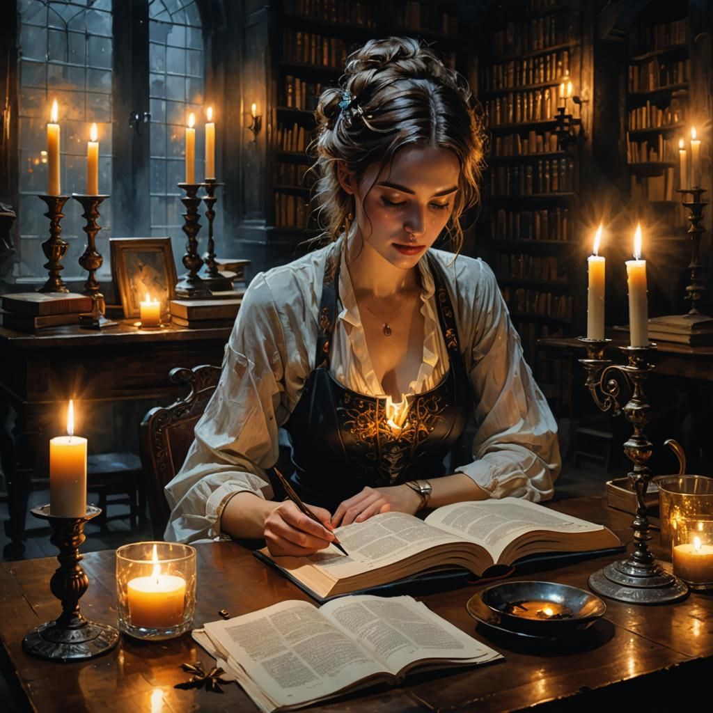 Woman Reading in Candlelight in Magic Library
