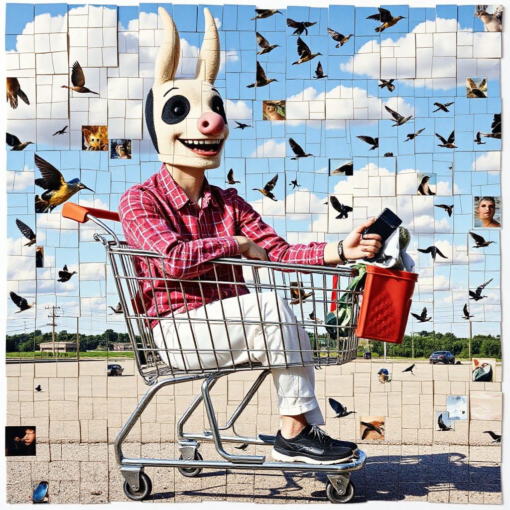 Whimsical Mosaic of Laughing Figure in Shopping Cart