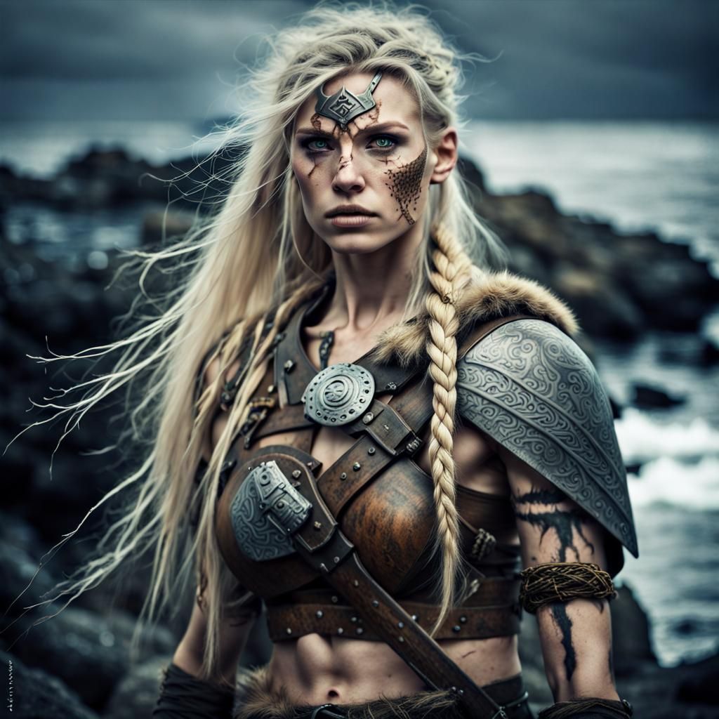 Nordic Female Warrior in Stormy Futuristic Landscape