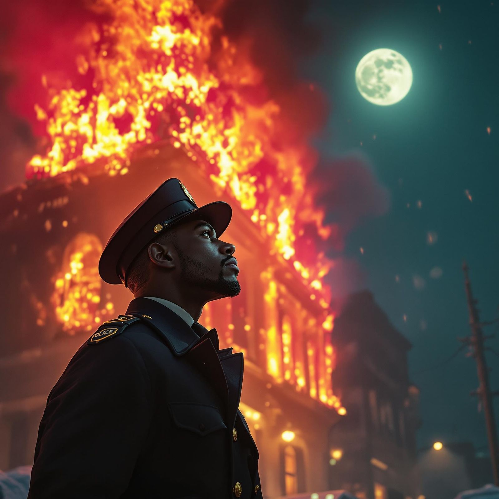 1920s Officer Gaze at Burning Building