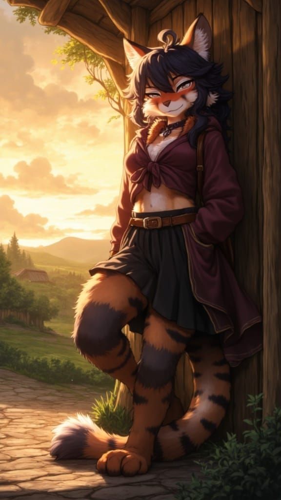 Cinematic Furry Tigress Leans Against Village Wall