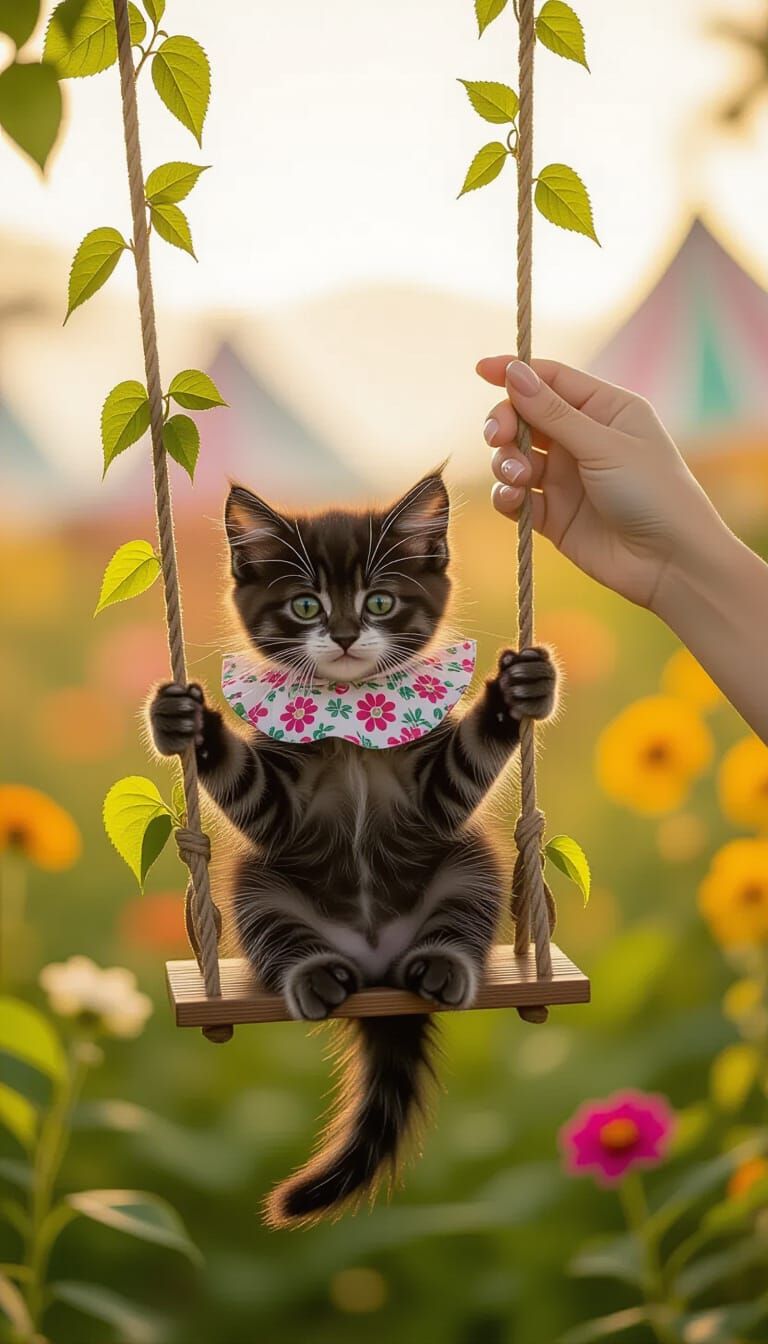 Kitten on Swing in Garden: Cinematic Film Still