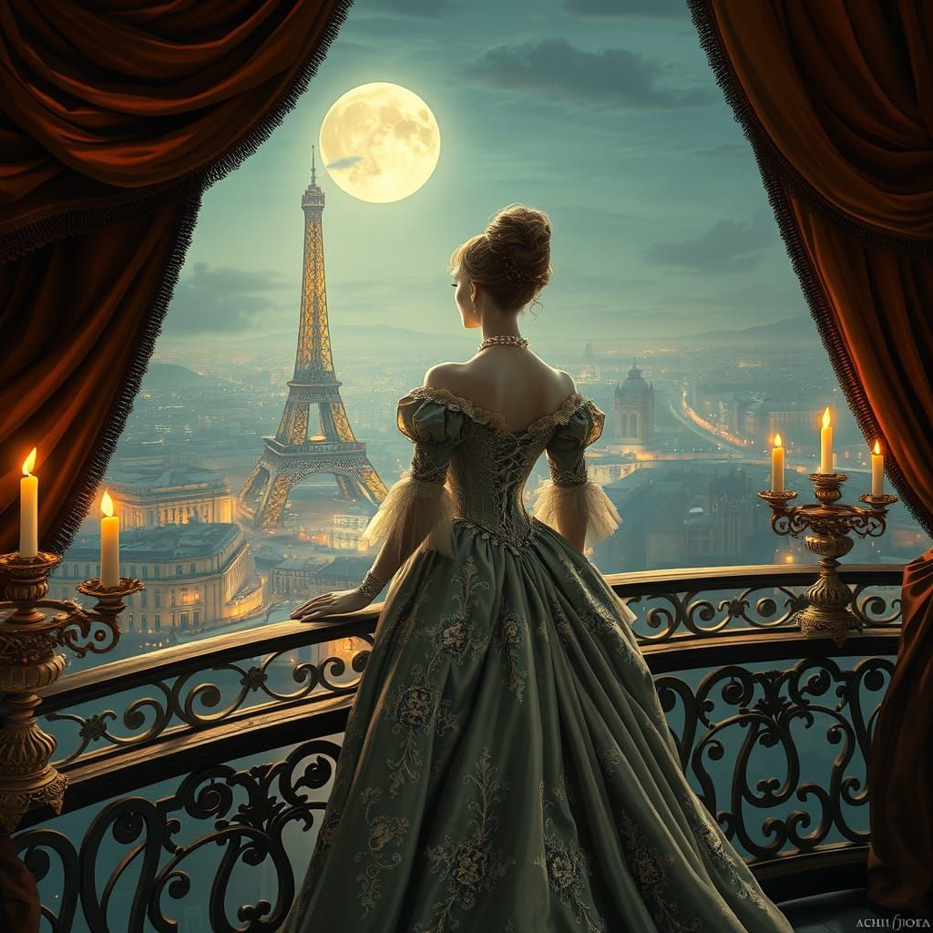 Elegant Princess Under Moonlit Parisian Skies