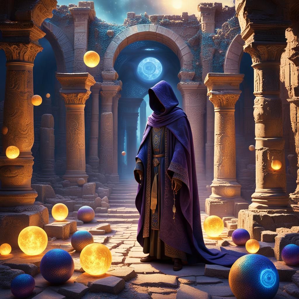 Fantasy Figure Amidst Ancient Ruins in Rich, Vibrant Colors