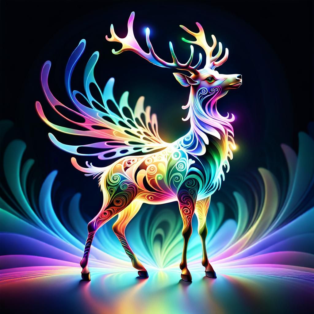 Rainbow Fractal Elk with Aurora Wings