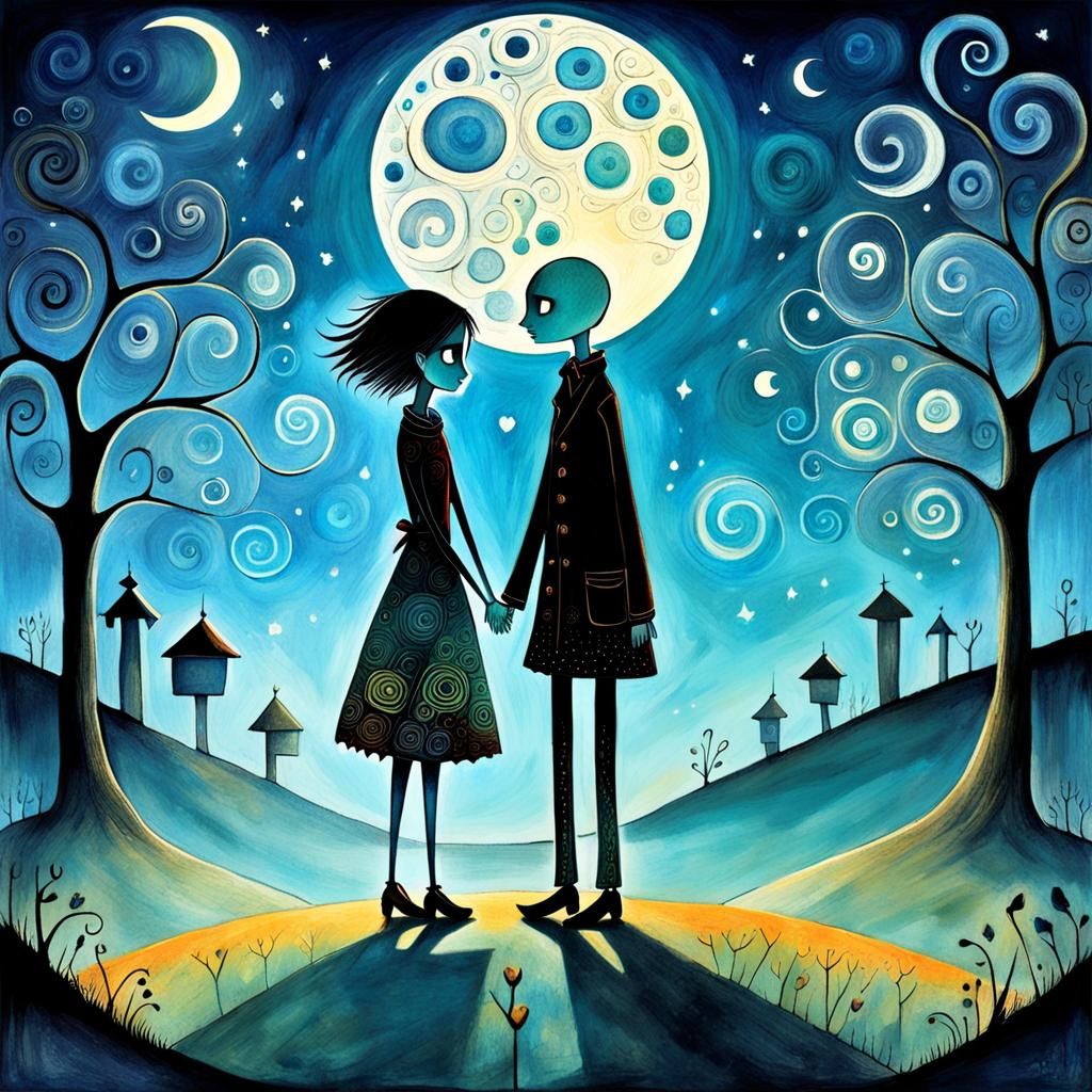 Silhouette of a fairytale loving couple