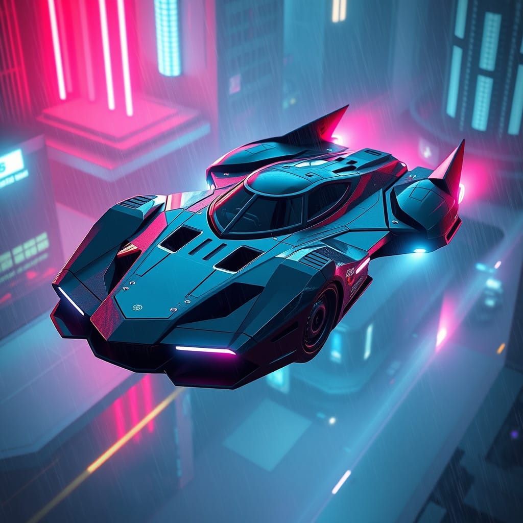 Futuristic Flying Car-Spaceship in Neon-Lit Cityscape