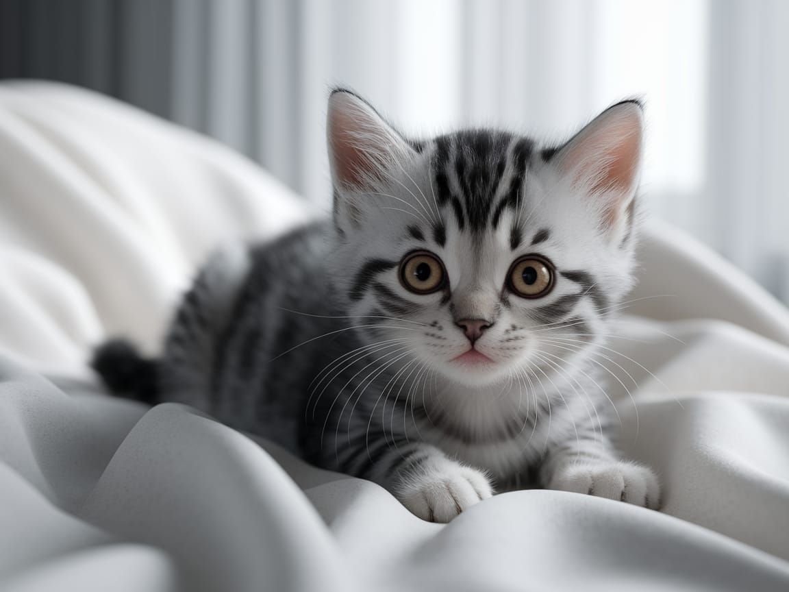 Grey Kitten on a Soft Bedsheet in Warm Light