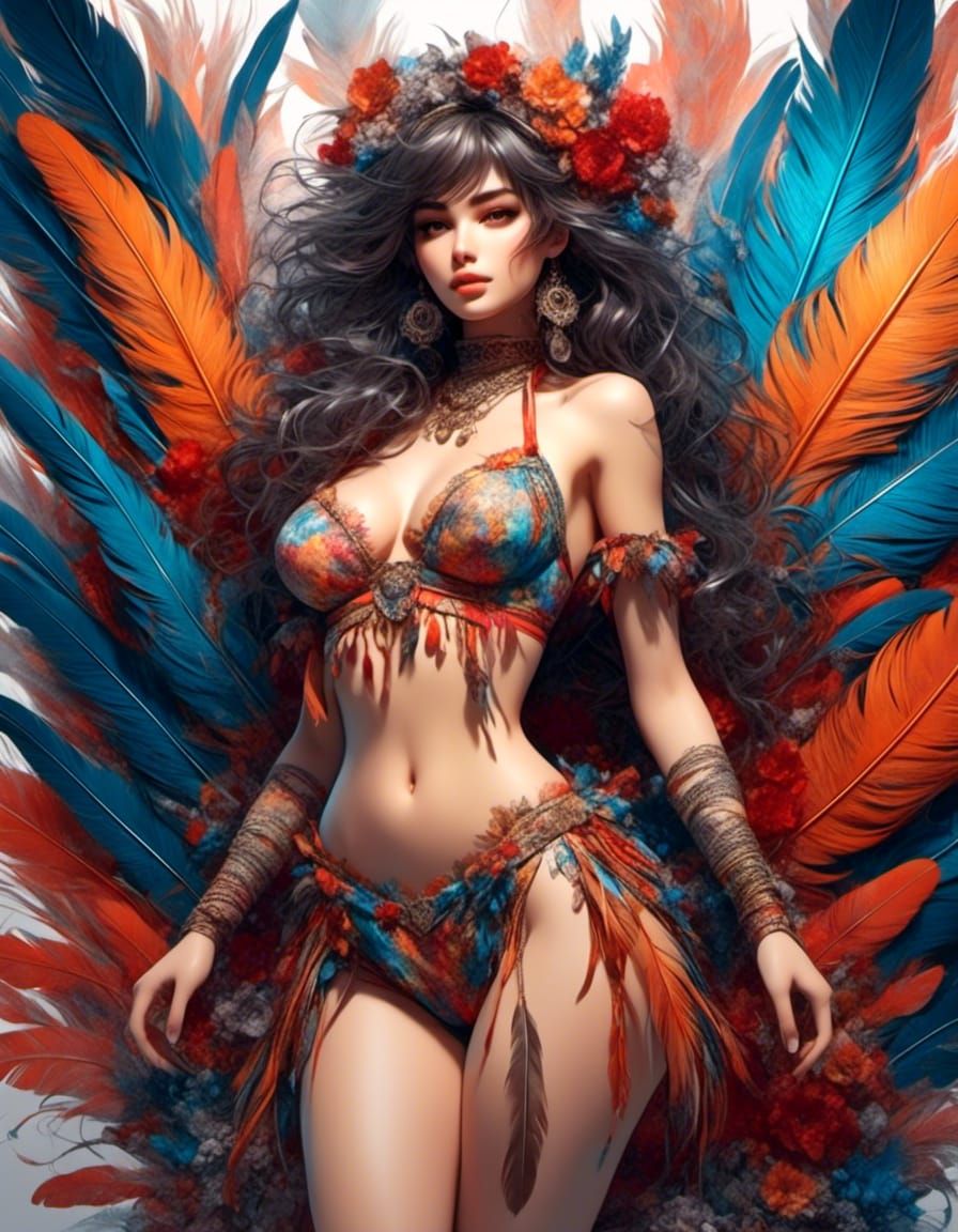 Anime Babe in Feather Bikini Color Sketch