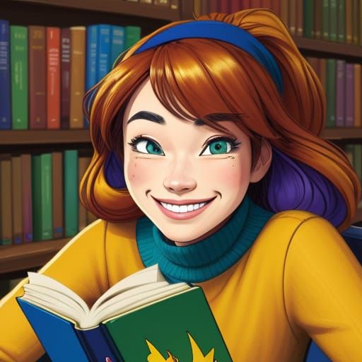 Smiling Girl in Library: 2D Cartoon Art