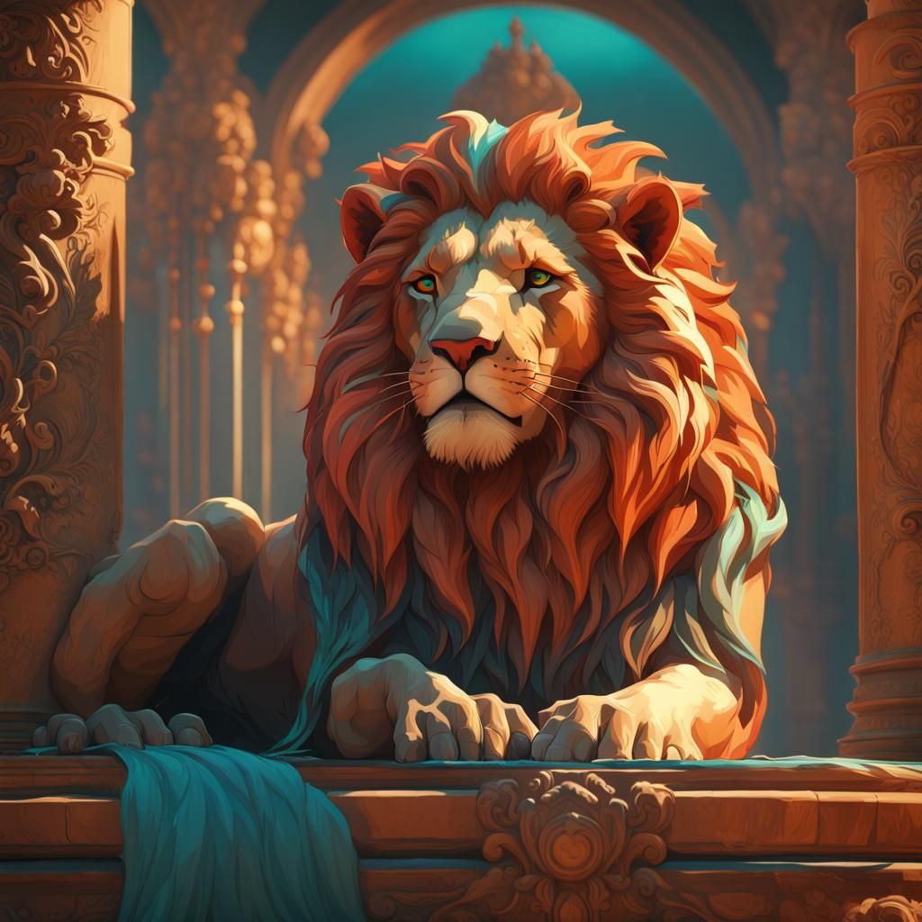 Hyperdetailed Lion Concept Art in Orange and Teal